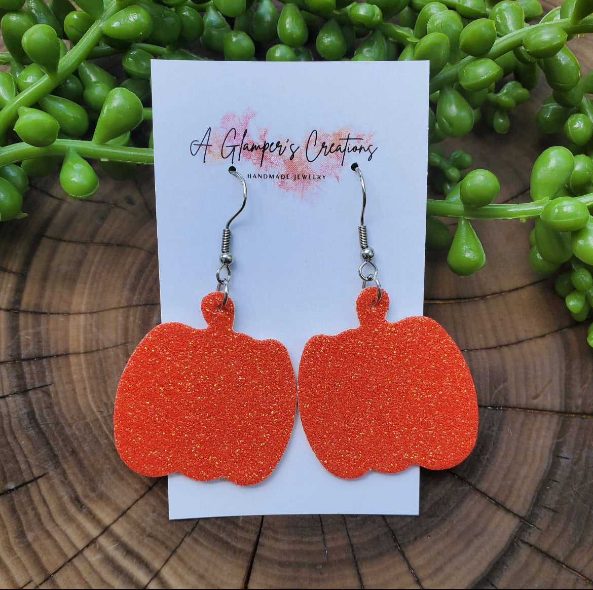 Bright Orange Glitter Pumpkin Leather Earrings